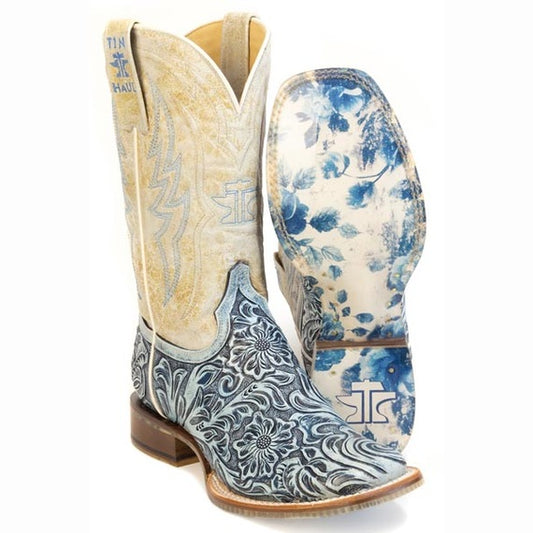 Botas Charmcut de cuero para mujer de Tin Haul con suela floral, hechas a mano, color canela