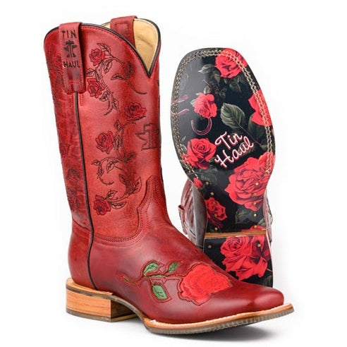 Botas de mujer Tin Haul Roses Are Red con suela floral, hechas a mano, rojas