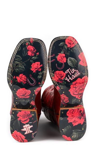 Women's Tin Haul Roses Are Red Boots with Floral Sole Handmade Red