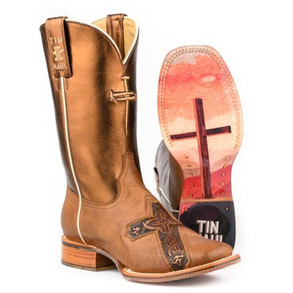 Women's Tin Haul Holy Cross Boots with Glory To God Sole Handmade Brown