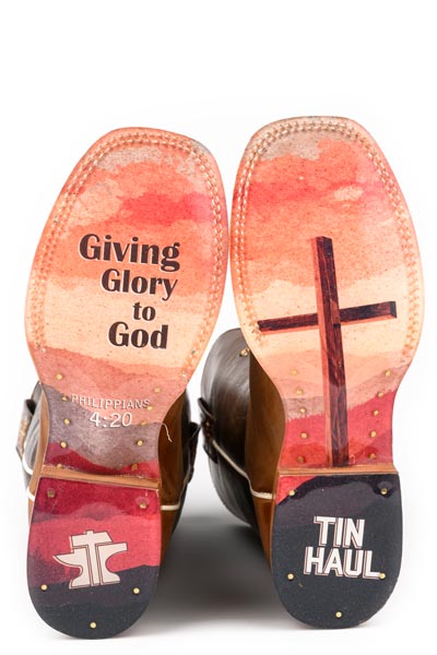 Women's Tin Haul Holy Cross Boots with Glory To God Sole Handmade Brown