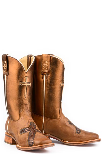 Women's Tin Haul Holy Cross Boots with Glory To God Sole Handmade Brown