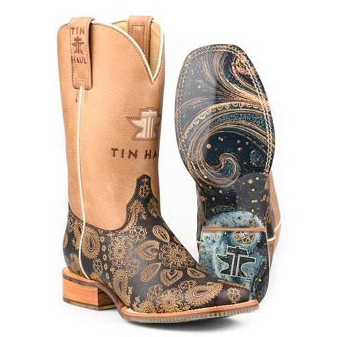 Botas Tin Haul Rockin Paisley para mujer con suela de remolino, hechas a mano, negras