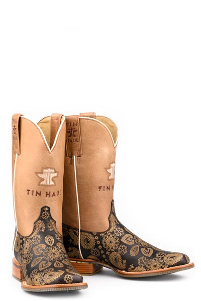 Women's Tin Haul Rockin Paisley Boots Swirl Sole Handmade Black