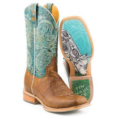 Women's Tin Haul Yee-Haw Boots With Paisley Calf Sole Handcrafted Tan