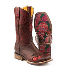 Women's Tin Haul Mon Cherry Boots With Skull And Roses Sole Handcrafted