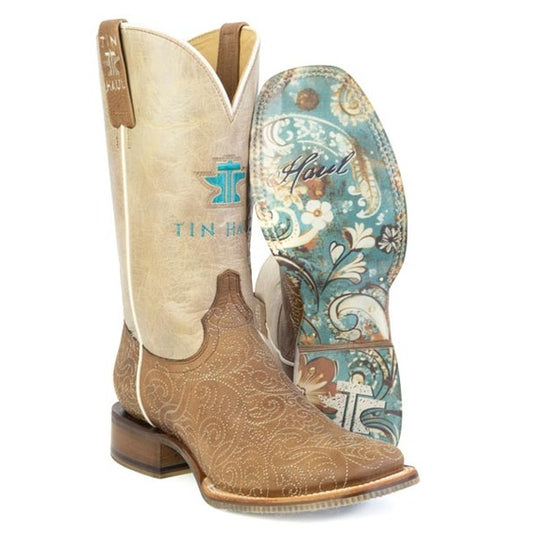 Botas Tin Haul Scrollwork para mujer con suela floral, hechas a mano, color marrón