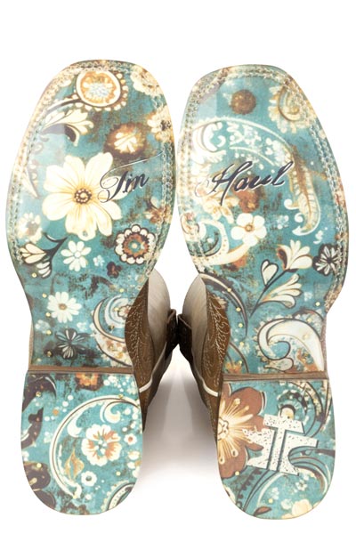 Women's Tin Haul Scrollwork Boots with Floral Sole Handmade Brown