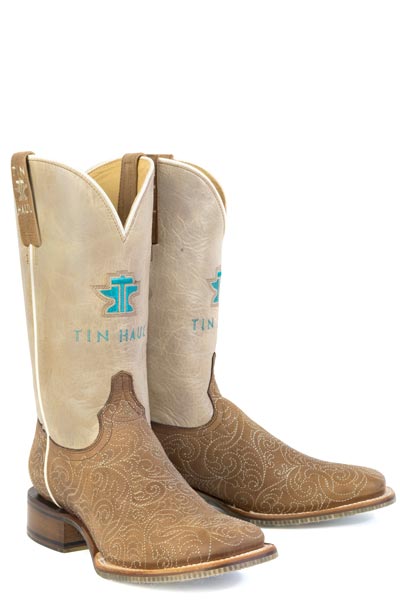 Women's Tin Haul Scrollwork Boots with Floral Sole Handmade Brown