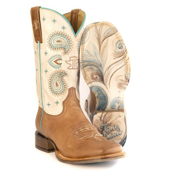 Women's Tin Haul Paisley Princess Boots with Paisley Swirl Sole Handmade Tan