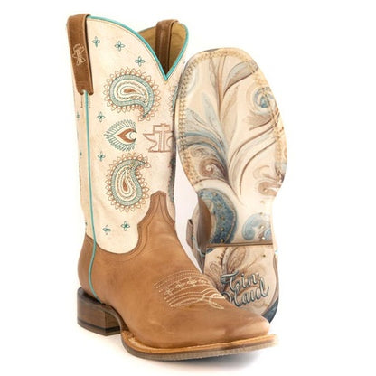 Women's Tin Haul Paisley Princess Boots with Paisley Swirl Sole Handmade Tan