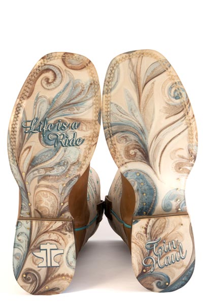 Women's Tin Haul Paisley Princess Boots with Paisley Swirl Sole Handmade Tan