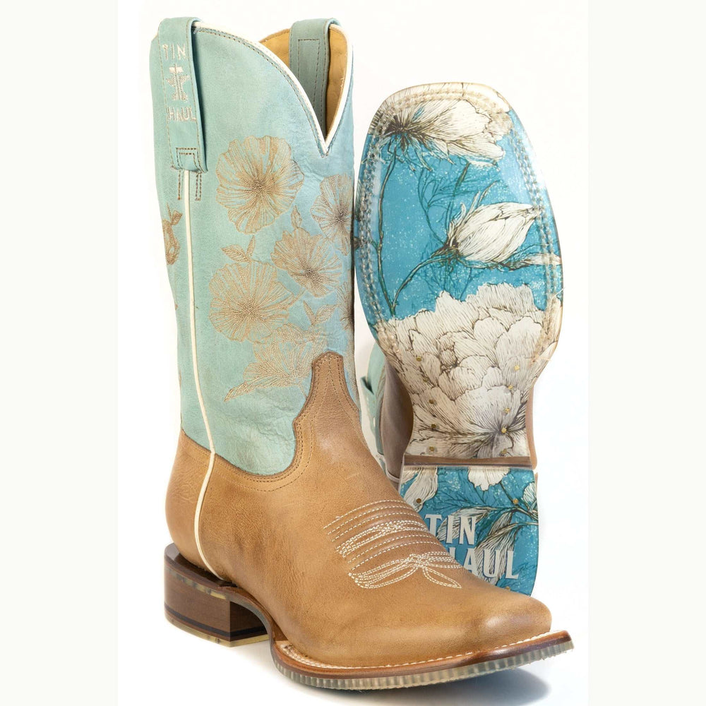 Women's Tin Haul Flowers In Bloom Boots With Floral Bouquet Sole Handmade Tan