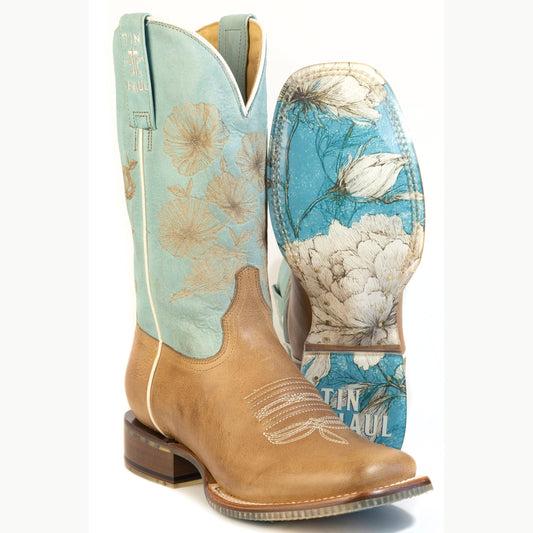 Women's Tin Haul Flowers In Bloom Boots With Floral Bouquet Sole Handmade Tan