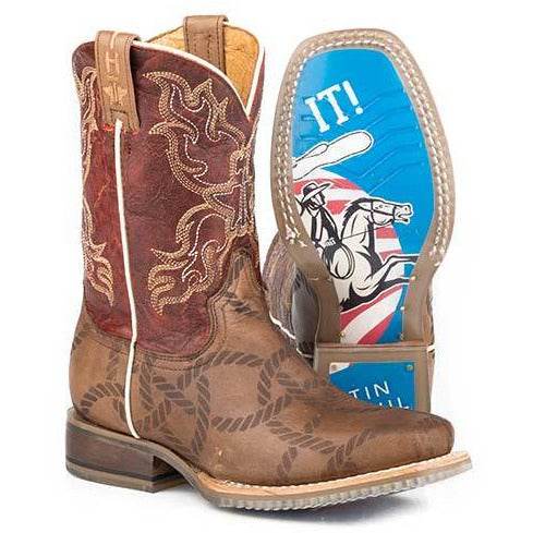 Kid's Tin Haul Twisted Rope Boots With Just Rope It Sole Handcrafted Brown