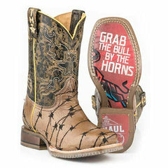 Kid's Tin Haul Keep Out Boots Bull Horn Sole Handcrafted Brown