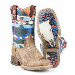 Kid's Tin Haul Awesome Aztec Boots Bull Skull Sole Handcrafted Brown