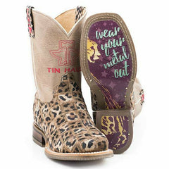 Kid's Tin Haul Wild Patch Boots With Cheetah Sole Handcrafted Tan