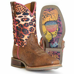 Kid's Tin Haul Cheetah Sparkles Boots Cool Cat Sole Handcrafted Brown