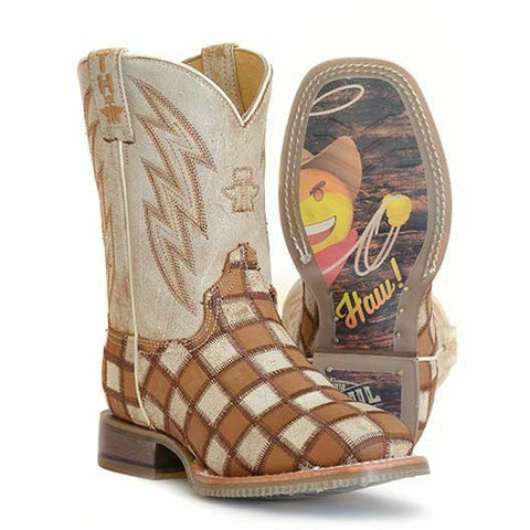 Botas infantiles Check It Out de la marca Tin Haul de Roper con suela Emoji y hechas a mano en color tostado