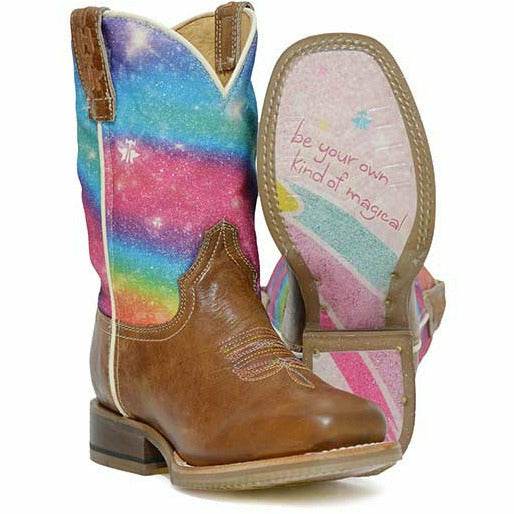 Tin Haul Kinderstiefel mit Regenbogen-Funkeln, magische Sternsohle, handgefertigt, Hellbraun