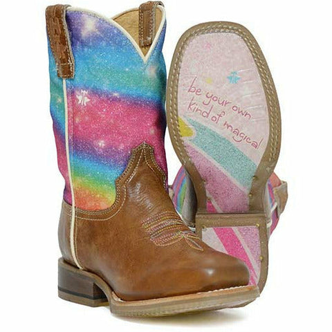Botas con destellos de arcoíris de Tin Haul para niños, suela de estrella mágica, hechas a mano en color tostado