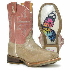 Kid's Tin Haul Rainbow Star Boots Butterfly Sole Handcrafted Tan
