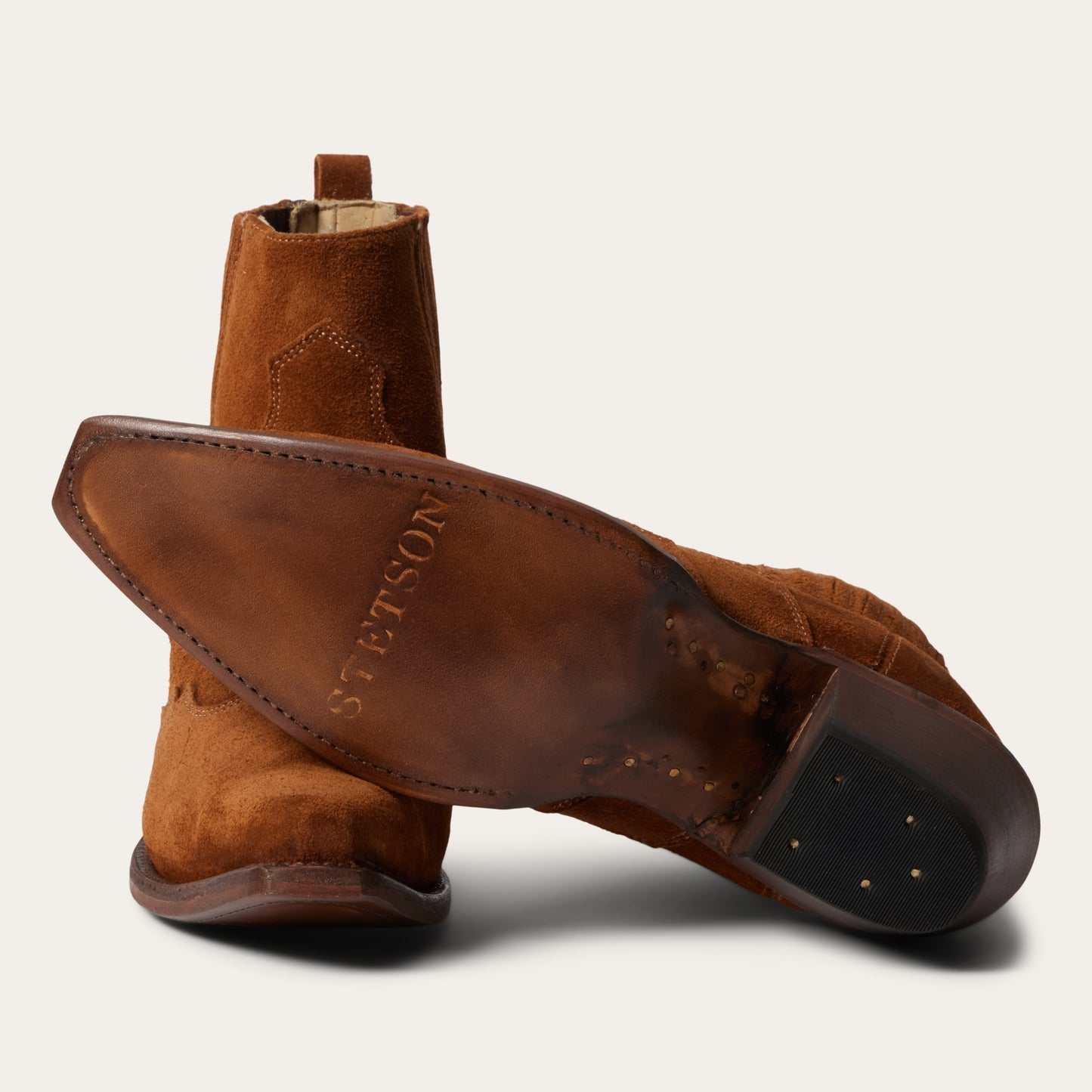 Women's Stetson June Leather Boots handcrafted brown suede with wing tip and stacked heel