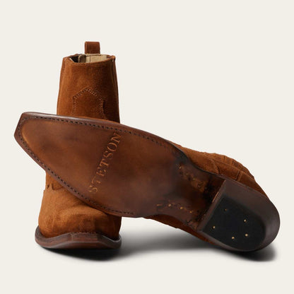 Women's Stetson June Leather Boots handcrafted brown suede with wing tip and stacked heel