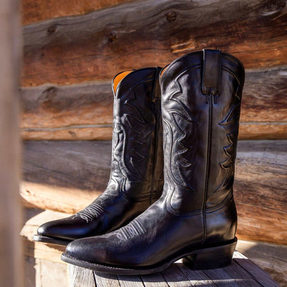 Men's Stetson Ames handcrafted black leather boots with burnished calf vamp and corded shaft