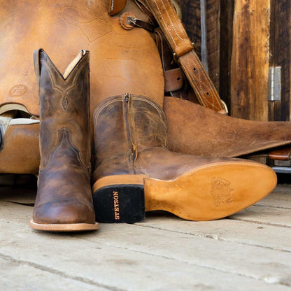 Men's Stetson Roughstock Zip Leather Boots handcrafted oiled tan with side zipper and wide R toe