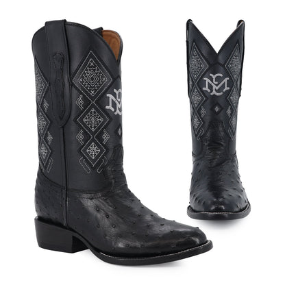 Men's El Malcreado Black Full Quill Ostrich Exotic Boots Handmade