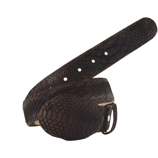 El Malcreado Tobacco Genuine Suede Python Belt handmade with suede python skin and leather backing, removable buckle, and reinforced stitching