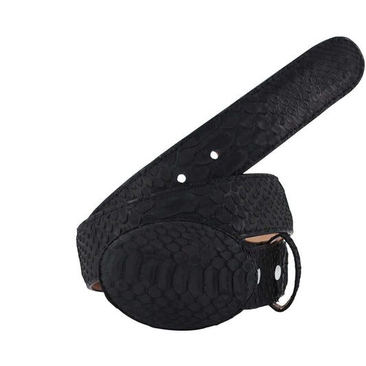 Handmade El Malcreado black genuine suede python belt with removable matching python buckle and leather backing