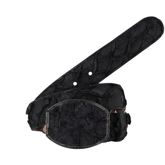 El Malcreado black genuine suede Pirarucu fish belt with removable buckle and leather backing handcrafted design