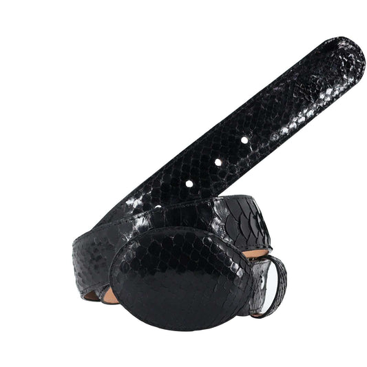El Malcreado Black Genuine Python Belt handmade with genuine python skin and leather backing featuring a removable python skin buckle
