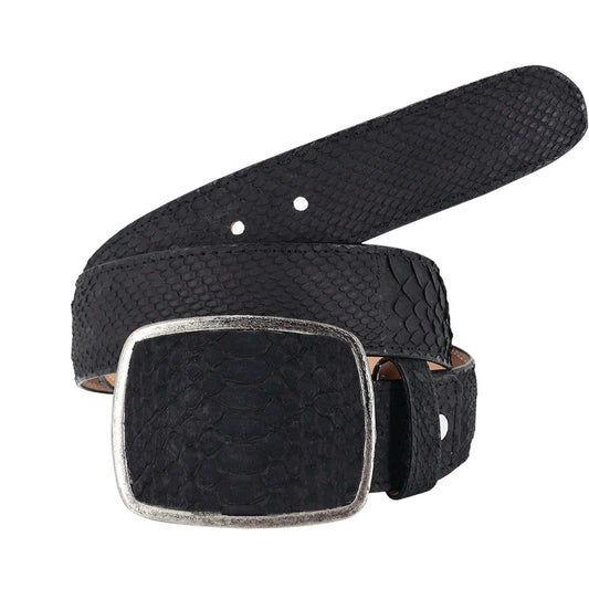 Handmade El Malcreado black genuine suede python belt with removable buckle and leather backing