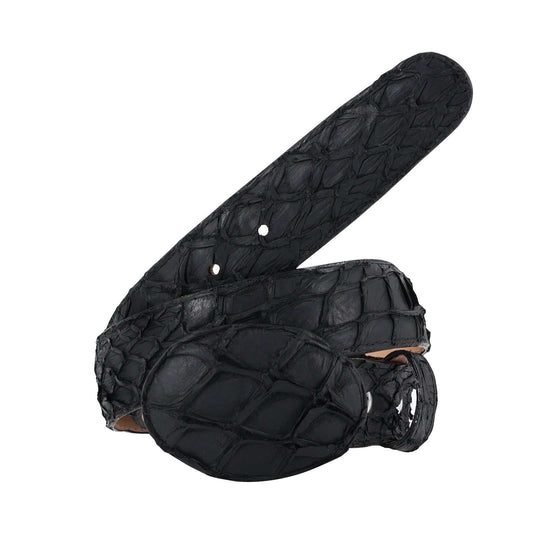 El Malcreado black genuine suede Pirarucu fish belt with removable buckle and leather backing, handmade and reinforced stitching
