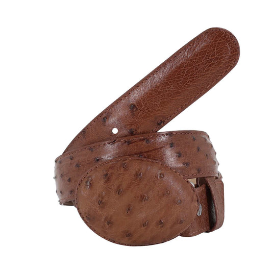 El Malcreado Cognac Genuine Ostrich Belt handmade with genuine ostrich skin and leather backing, featuring removable buckle