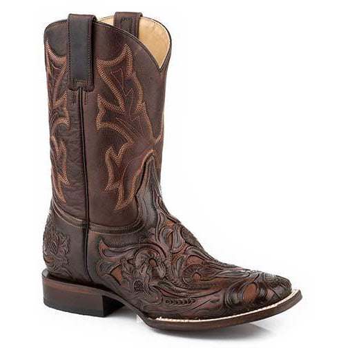 Stetson Handtooled Wicks Lederstiefel für Herren, handgefertigt, Cognac