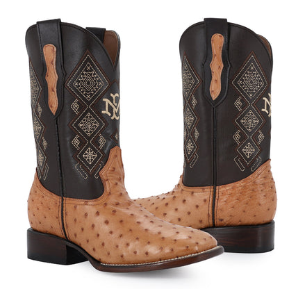 Men's El Malcreado Cognac Full Quill Ostrich Exotic Boots Handmade