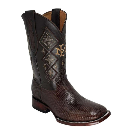 Men's El Malcreado brown lizard exotic handmade boots with leather shaft and stacked heel