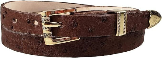 Ostrich Cowboy Hat Band Brown Gold Plated 3 Piece Buckle Set  Handmade 26”