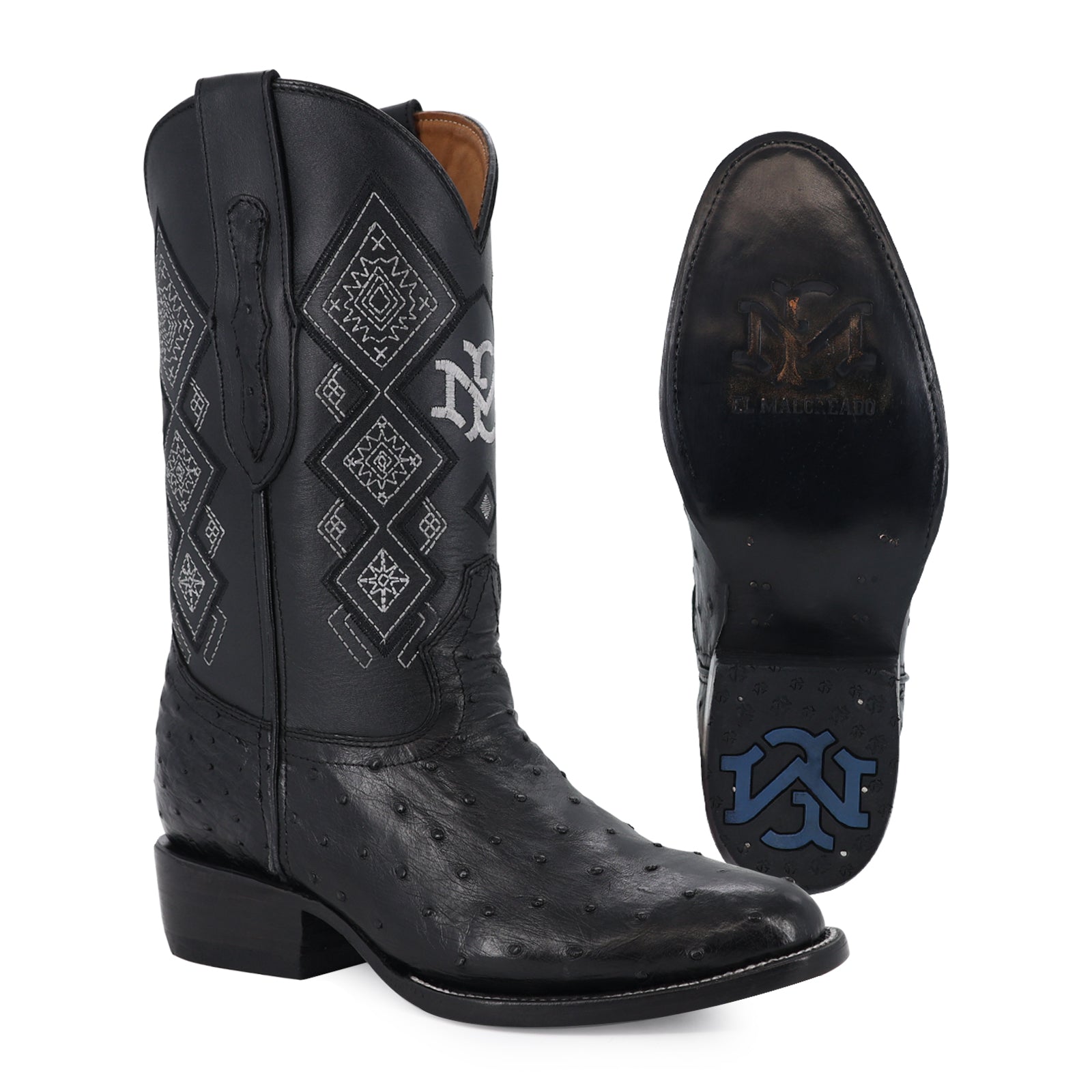 Men's El Malcreado Black Full Quill Ostrich Exotic Boots Handmade