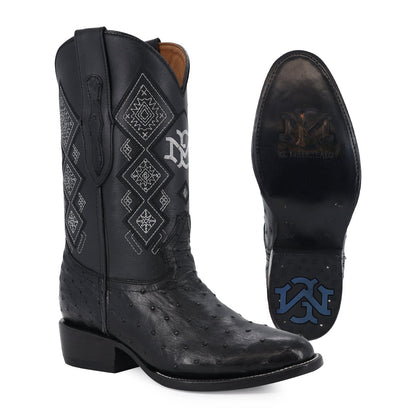 Men's El Malcreado Black Full Quill Ostrich Exotic Boots Handmade