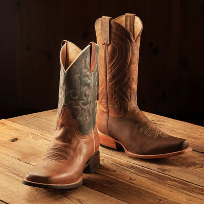 Men's Stetson Mossman handcrafted brown leather cowboy boots with 13-inch corded shaft and cowboy heel
