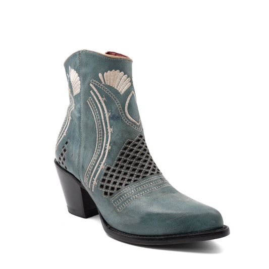 Botas Ferrini Savannah de piel para mujer, hechas a mano, con punta recortada, color azul polvoriento