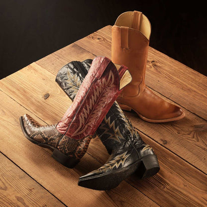 Brown handcrafted Women's Stetson Ember Python Boots with red 13" shaft and snip toe