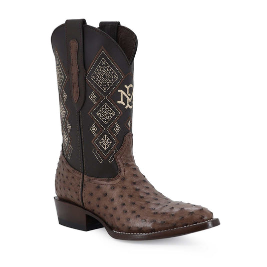 Men's El Malcreado brown full quill ostrich exotic handmade boots with leather shaft and stacked heel