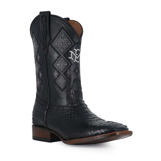 Men's El Malcreado Black Python Exotic Handmade Boots with genuine python leather and stacked heel